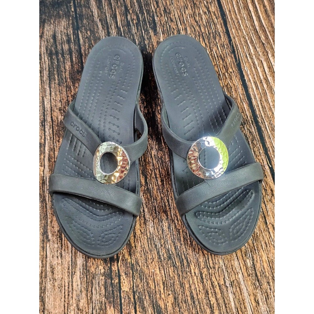 Crocs Sanrah Silver Circle Ring Embellishment Slide Sandal Women's 7 Black